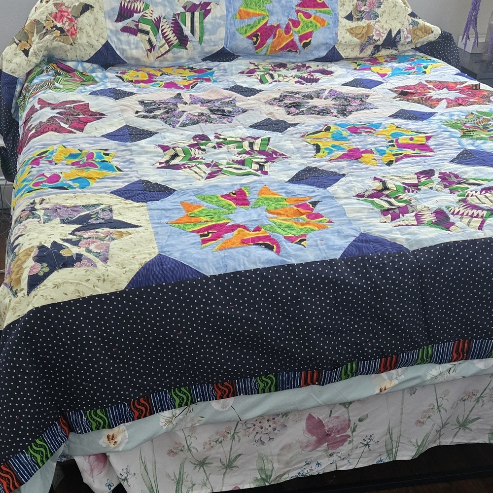 Butterfly Patchwork Quilt with Blue Accents. Queen Size. Wing Extends From Each.